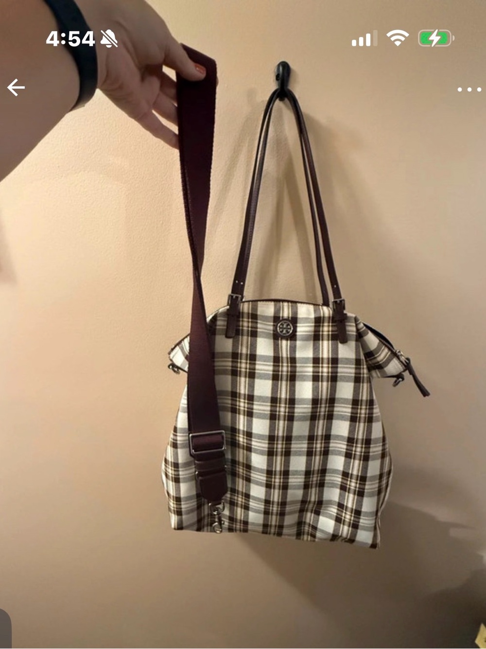 Tory Burch Plaid Canvas Tote Bag with Brown Trim and crossbody strap - Picture 9 of 9